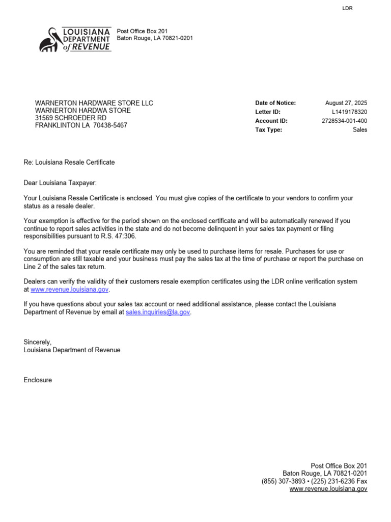 Louisiana Resale Certificate for Warnerton | PDF | Sales Taxes In The ...