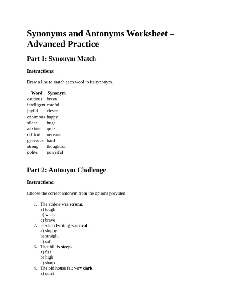 Synonyms and Antonyms Practice Worksheet | PDF