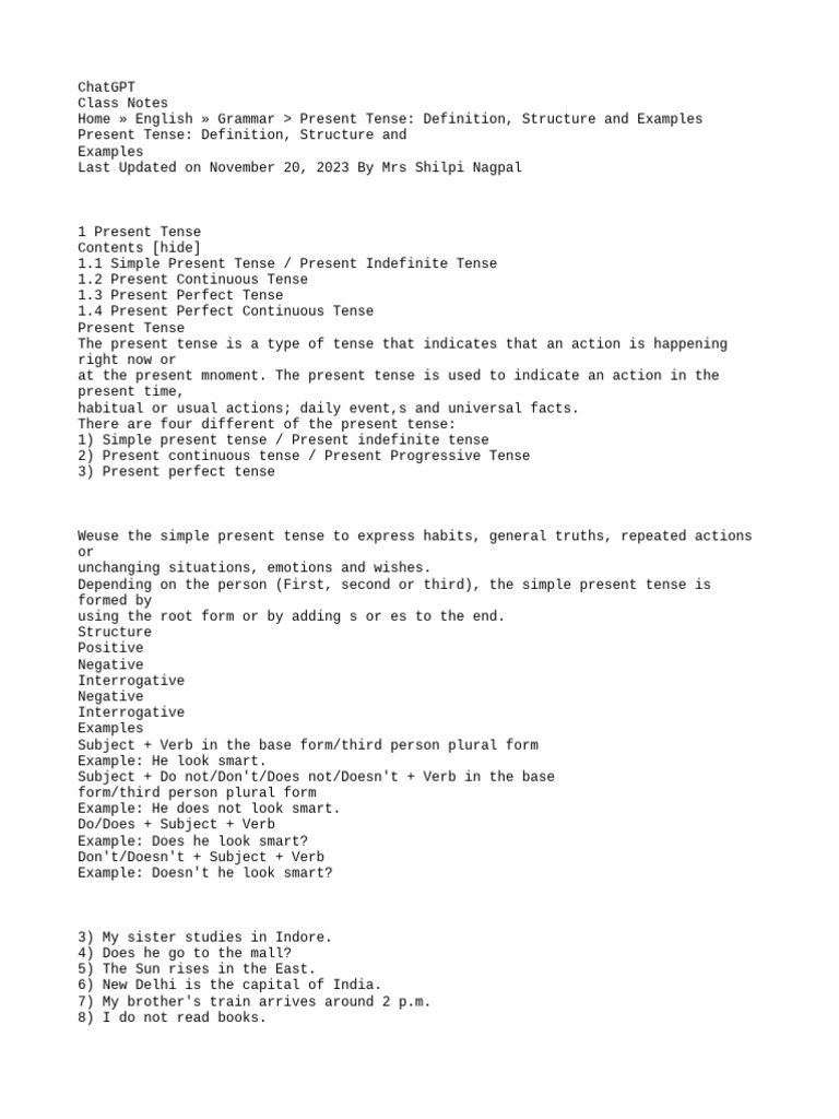 Present Tense: Types and Examples | PDF | Grammatical Tense | Language ...