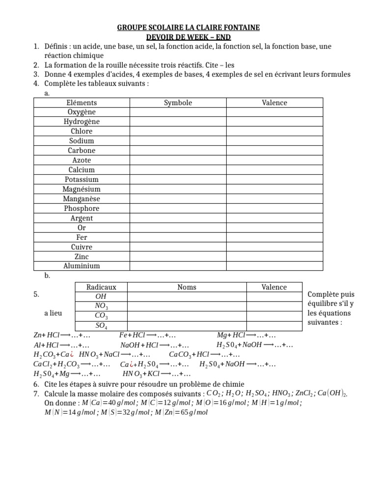 Devoir de chimie : acides, bases et réactions | PDF