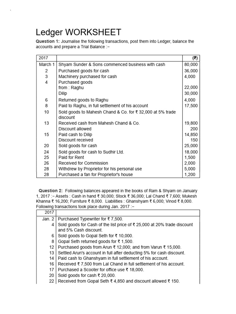 Ledger Worksheet for Class 11 Transactions | PDF | Cheque | Payments