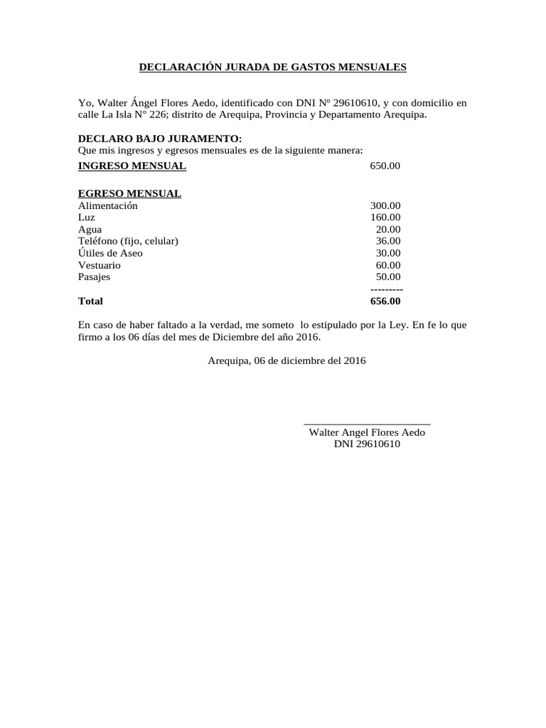 Modelo de Declaración Jurada de Gastos | PDF