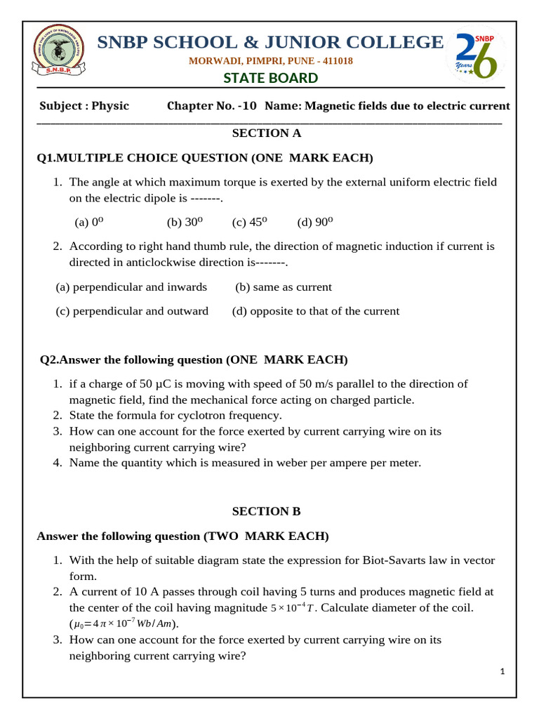 Class 10 Magnetic Effects MCQs & Problems | PDF | Magnetic Field ...