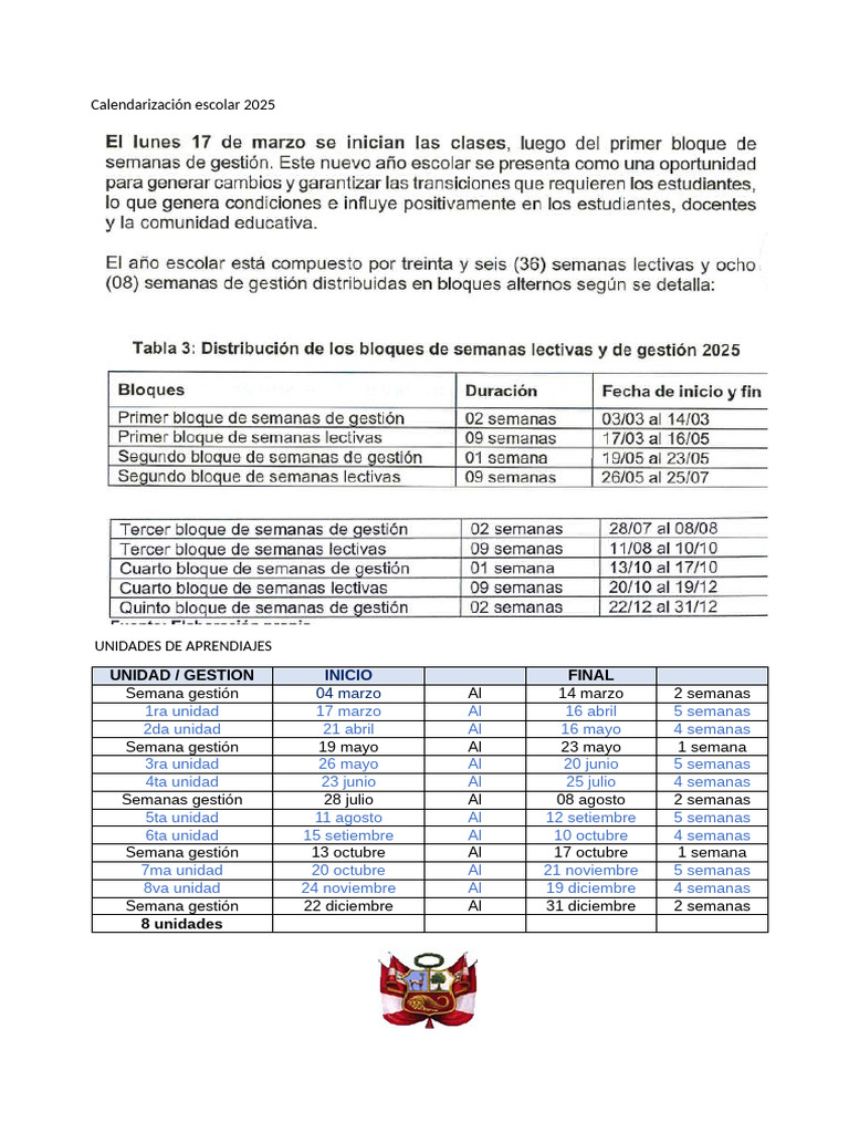 Calendario Escolar 2025: Unidades y Fechas | PDF