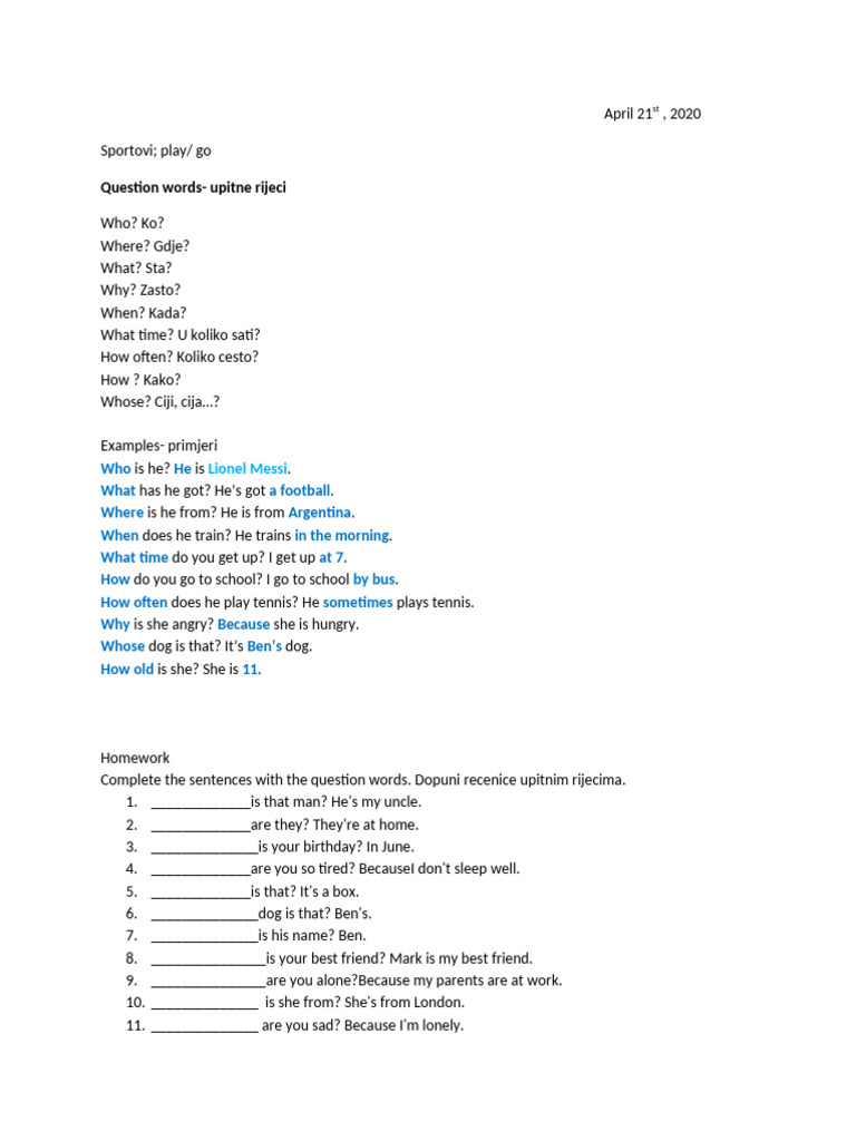Question Words in English: Examples & Exercises | PDF