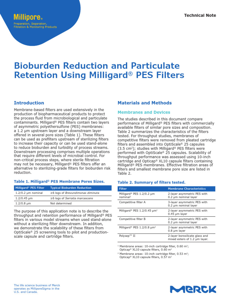 Milligard® PES Filters for Bioburden Control | PDF | Filtration | Membrane