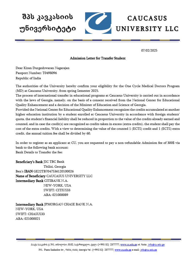 Admission Letter - Transfer Kiran Durgeshwaran Nagarajan | PDF