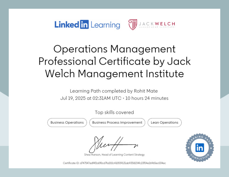 Operations Management Certificate Completion | PDF