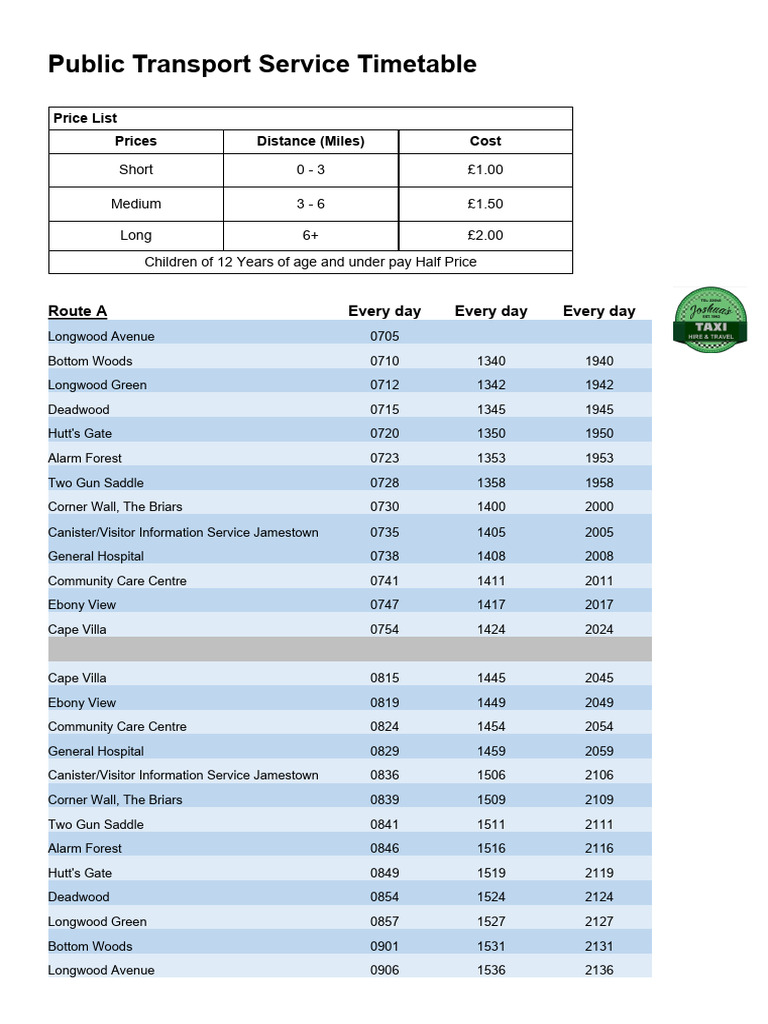 Daily Bus Routes and Pricing Guide | PDF | Bus Transport | Public Transport