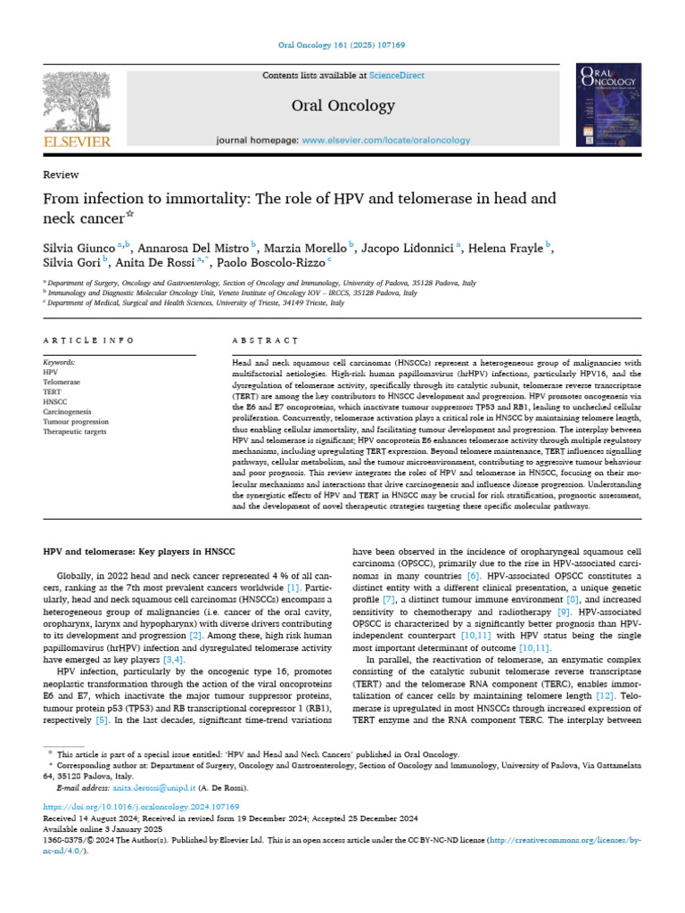 Oral Oncology | PDF | Telomere | Head And Neck Cancer