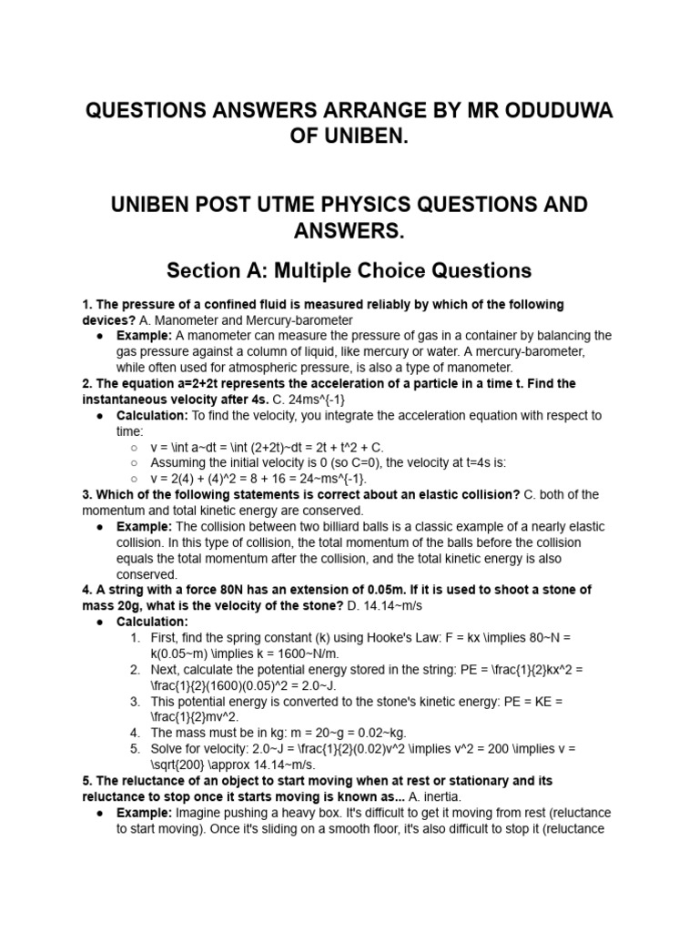 UNIBEN Physics Post UTME Questions | PDF | Waves | Force