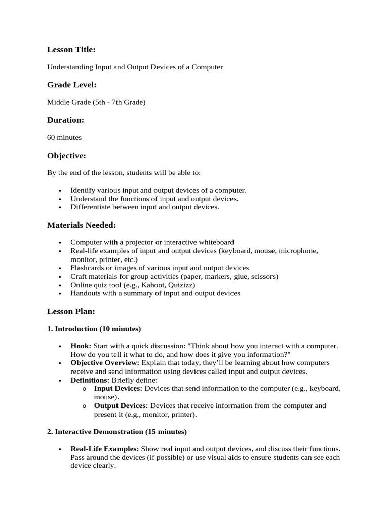 Input and Output Devices Lesson Plan | PDF | Input/Output | Computer ...