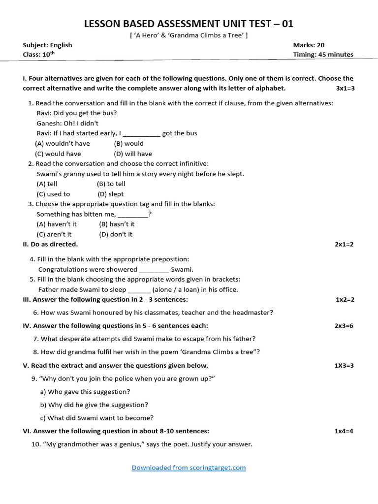 10th English LBA Unit Test Answers | PDF
