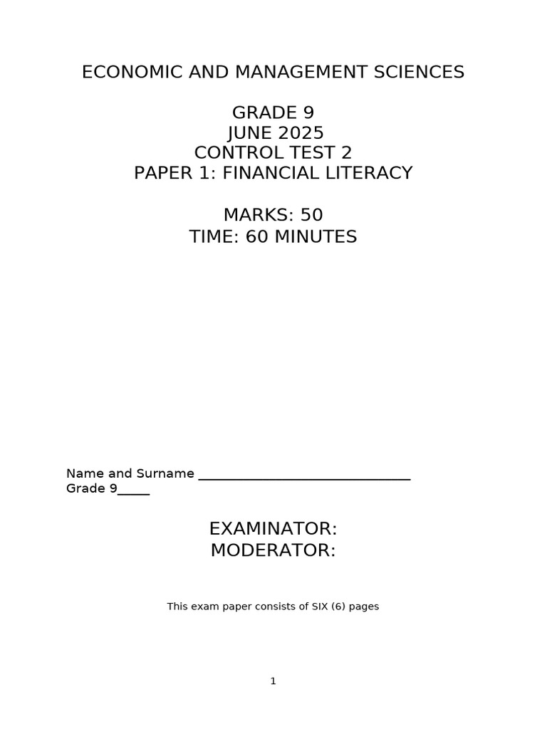 Grade 9 EMS Financial Literacy Exam | PDF | Debits And Credits | Accounting