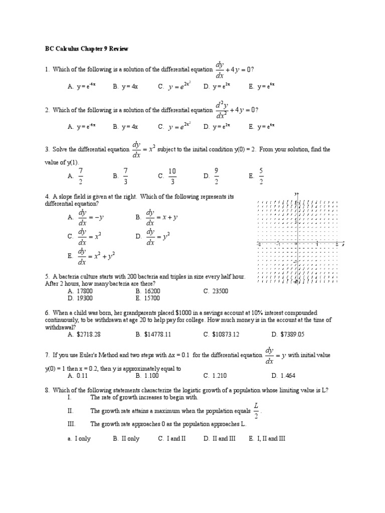 BC Calculus Chapter 9 Differential Equations Review | PDF | Equations ...