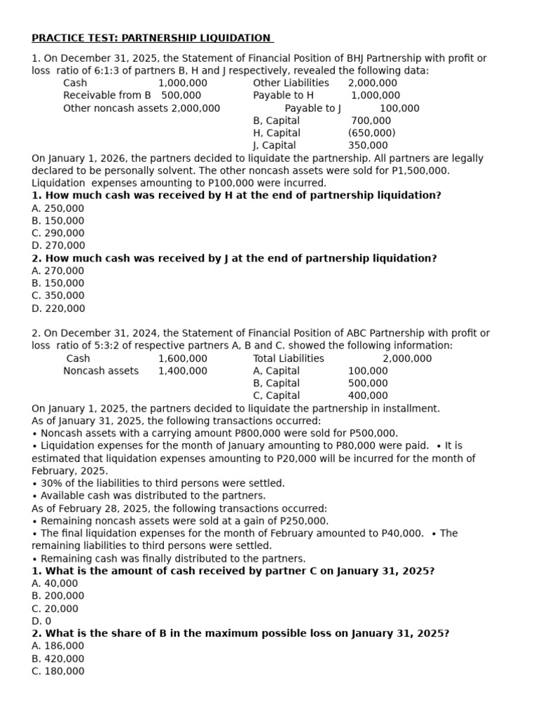 Partnership Liquidation Practice Test | PDF | Balance Sheet | Book Value