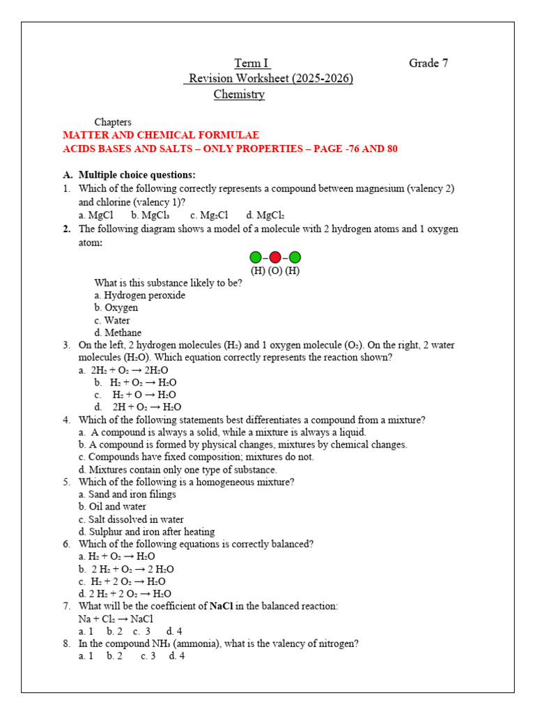 Grade 7 Chemistry Revision Worksheet | PDF | Chemical Substances ...