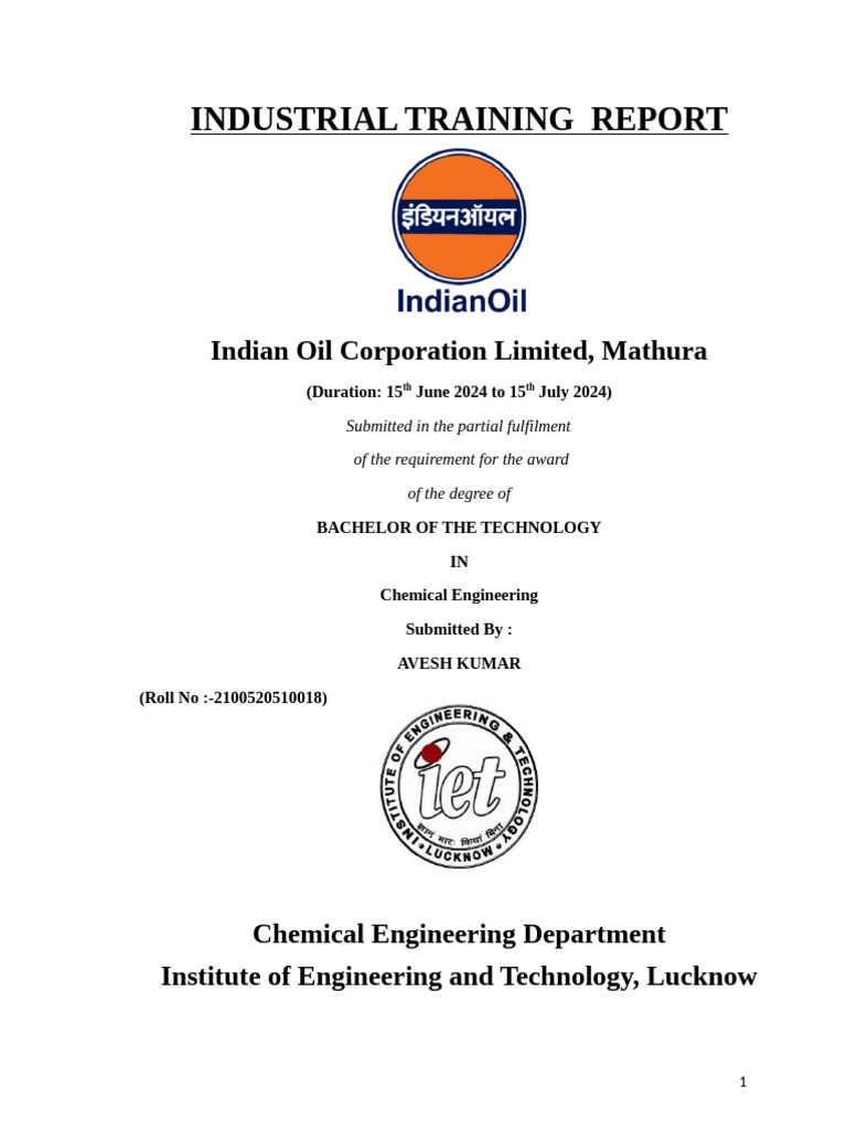 Industrial Training Report: IOCL Mathura | PDF | Oil Refinery | Petroleum