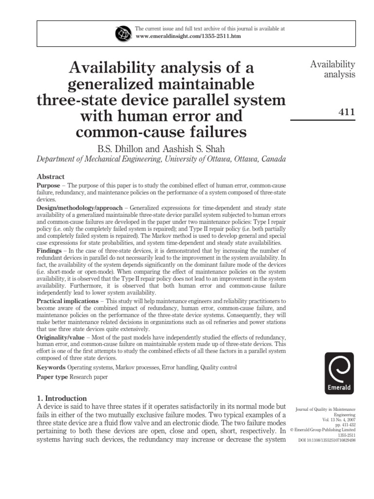 2007 Dhillon Availability Analysis Paper | PDF | Reliability ...