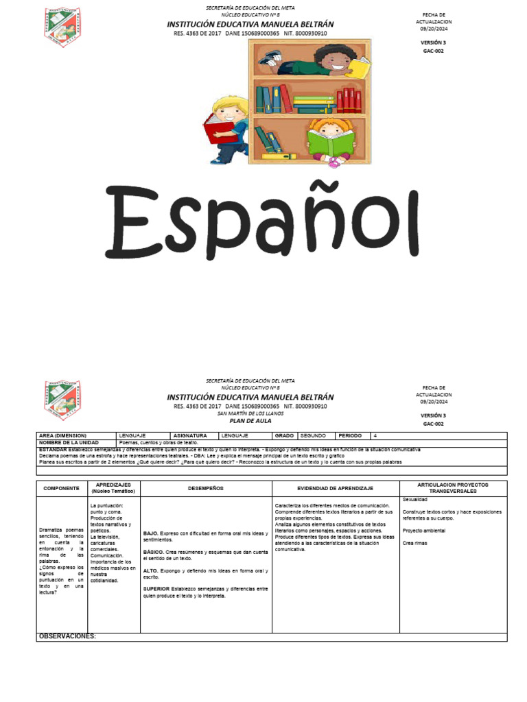 Plan de Aula Español Segundo Grado | PDF | Puntuación | Televisión