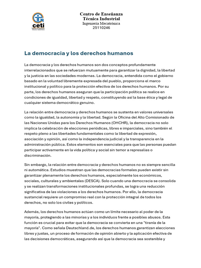 1E - 25110246 - La Democracia y Los Derechos Humanos | PDF | Democracia ...