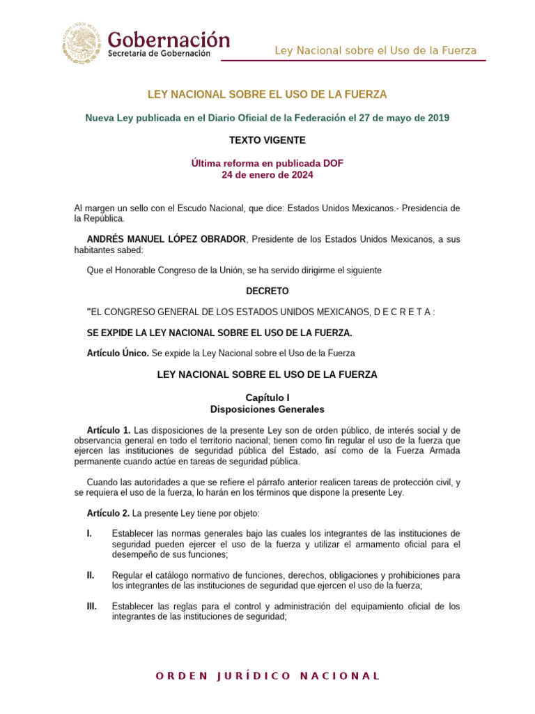 Ley Nacional sobre el Uso de la Fuerza | PDF | Policía | Institución