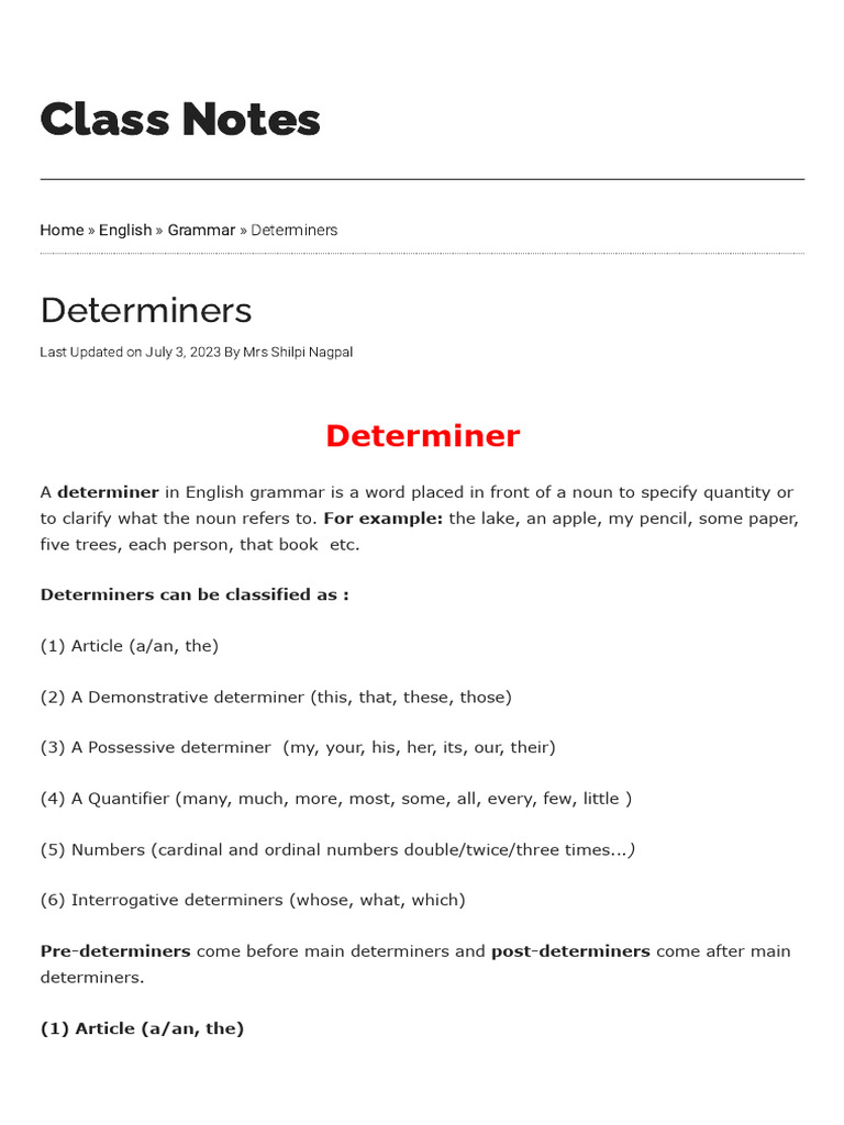 Determiners - English, Grammar | PDF | Noun | Grammatical Number