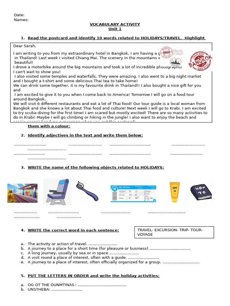 Vocabulary Activity: Holidays & Travel | PDF