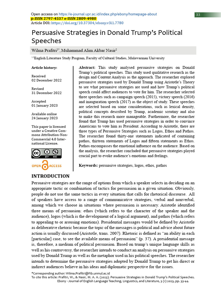 Trump’s Persuasive Speech Strategies | PDF | Public Speaking | Logos