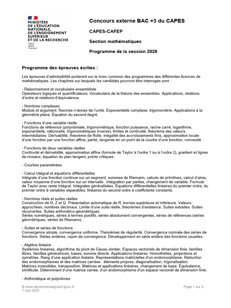 Programme CAPES Maths 2026 | PDF | Matrice (Mathématiques) | Fonction ...