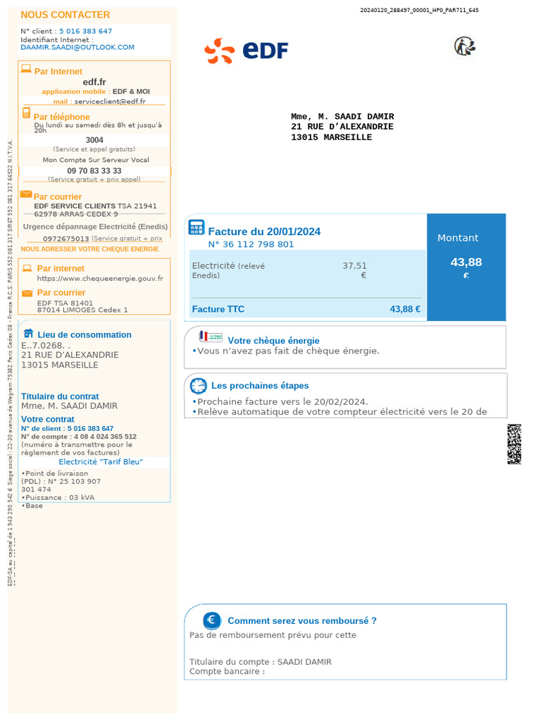 Facture EDF du 20/01/2024 43,88 € PDF Puissance (physique — free download