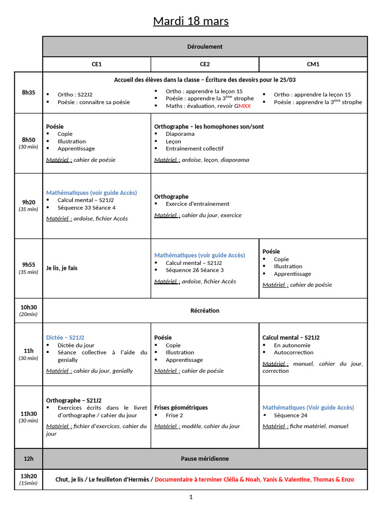 Emploi du temps CE1-CE2 du 18 mars | PDF | la communication
