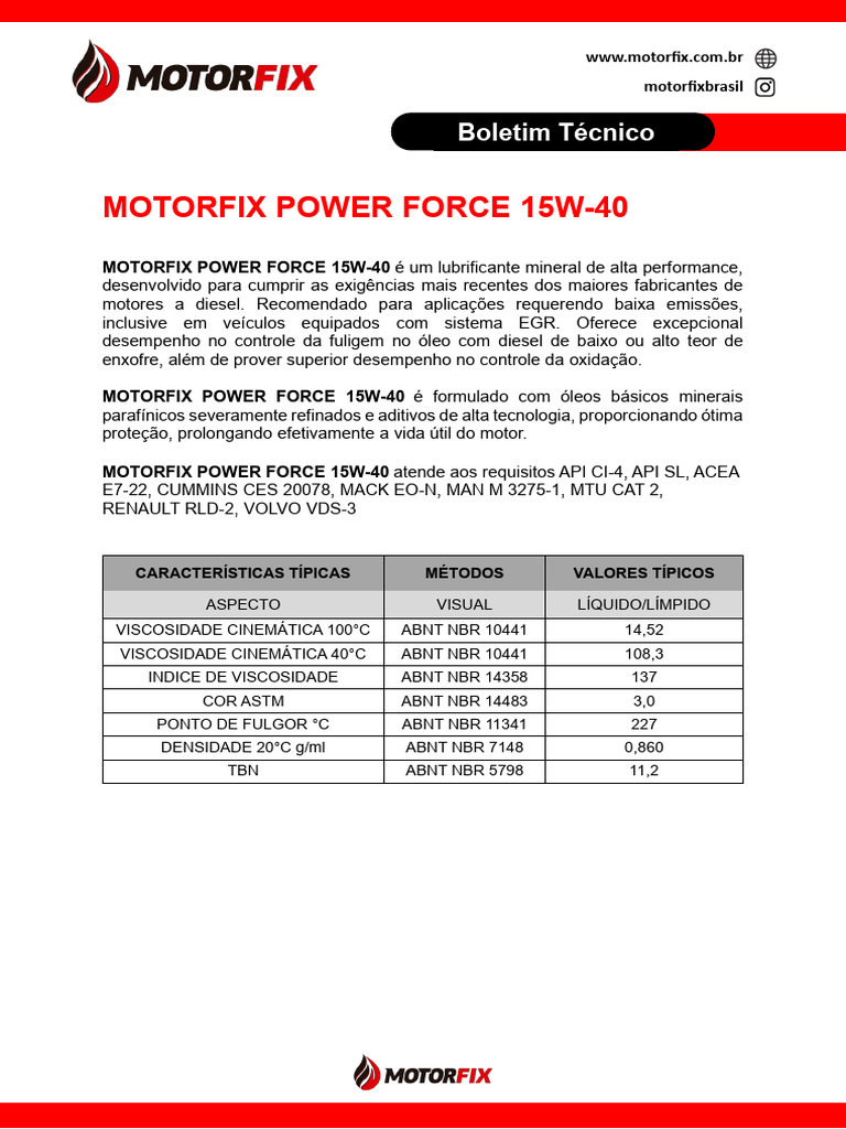 Lubrificante Motorfix 15W-40: Desempenho Superior | PDF
