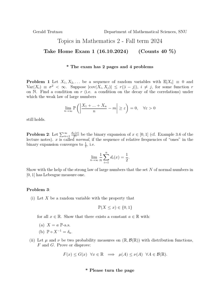 Fall 2024 Take Home Exam in Mathematics | PDF | Measure (Mathematics ...