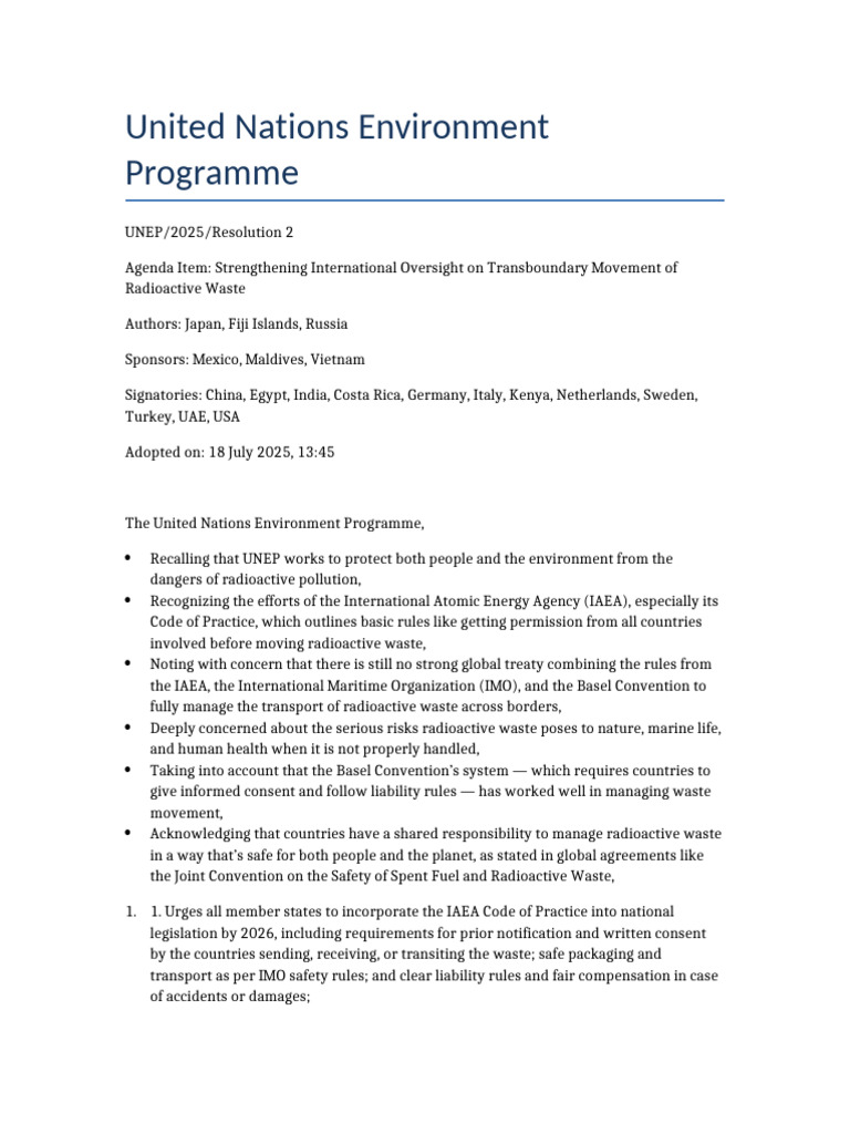 UNEP Resolution 2 Radioactive Waste | PDF | United Nations Environment ...