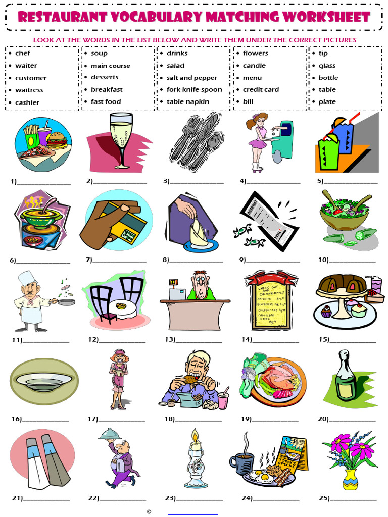 Restaurant Vocabulary Matching Exercise | PDF | Waiting Staff | Restaurants