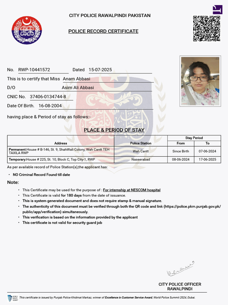 Police Clearance Certificate for Anam Abbasi | PDF