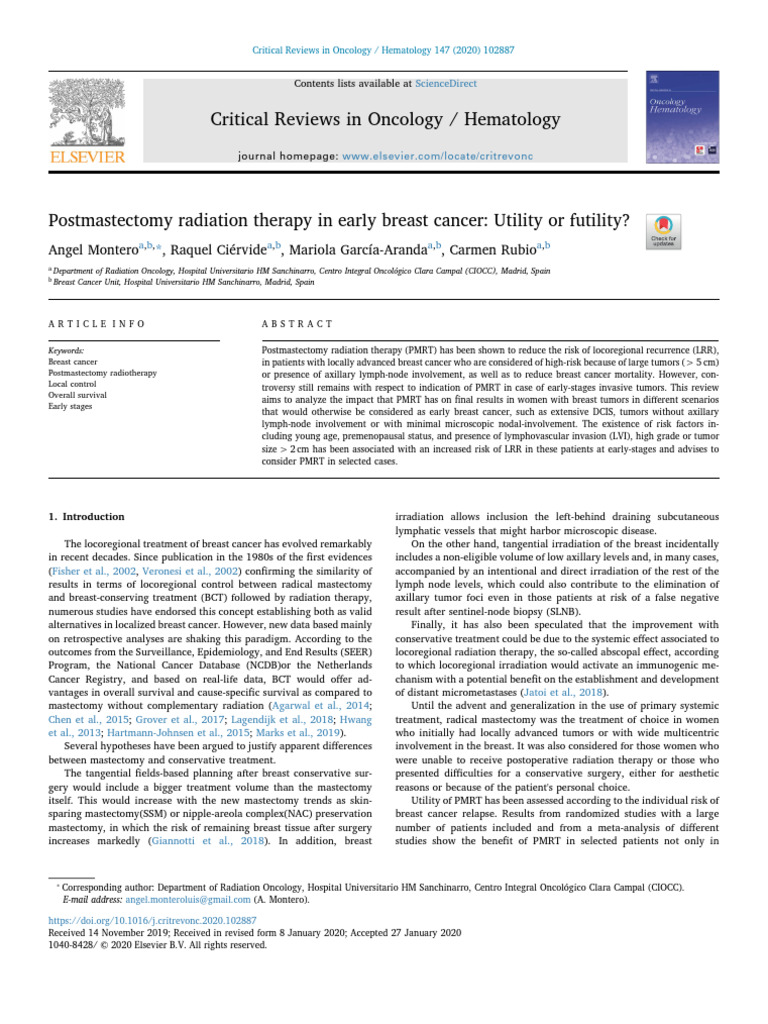 Postmastectomy Radiation Therapy in Early Breast Cancer - Utility or ...