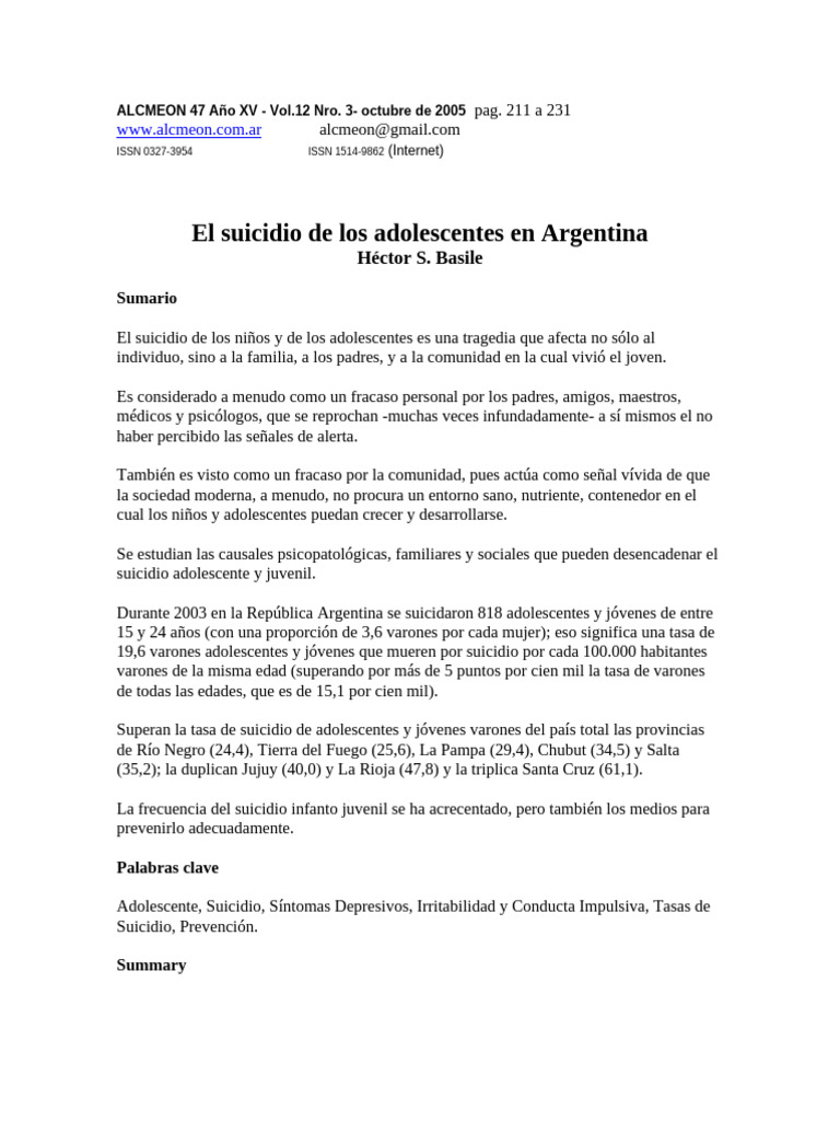 ALCMEON 47 Año XV El Suicidio en Adolescentes Argentina | PDF ...