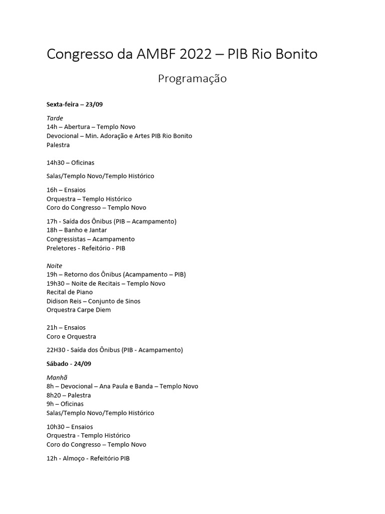 Programação Congresso AMBF 2022 Rio Bonito | PDF