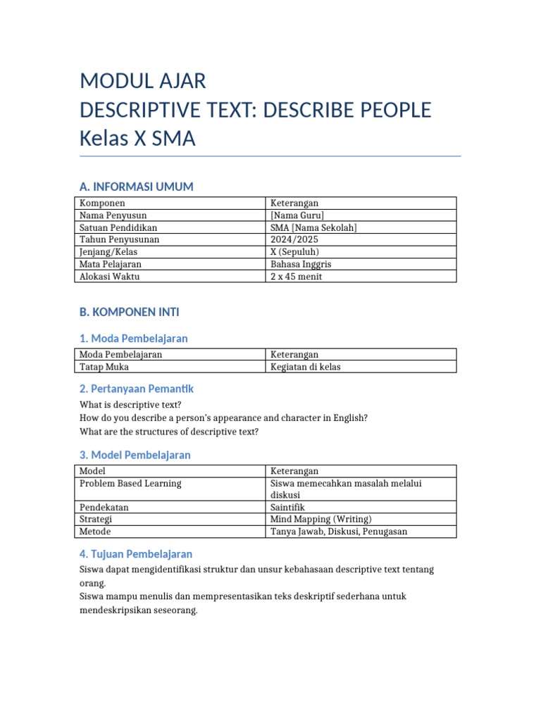 Modul Descriptive Text Kelas 10 | PDF