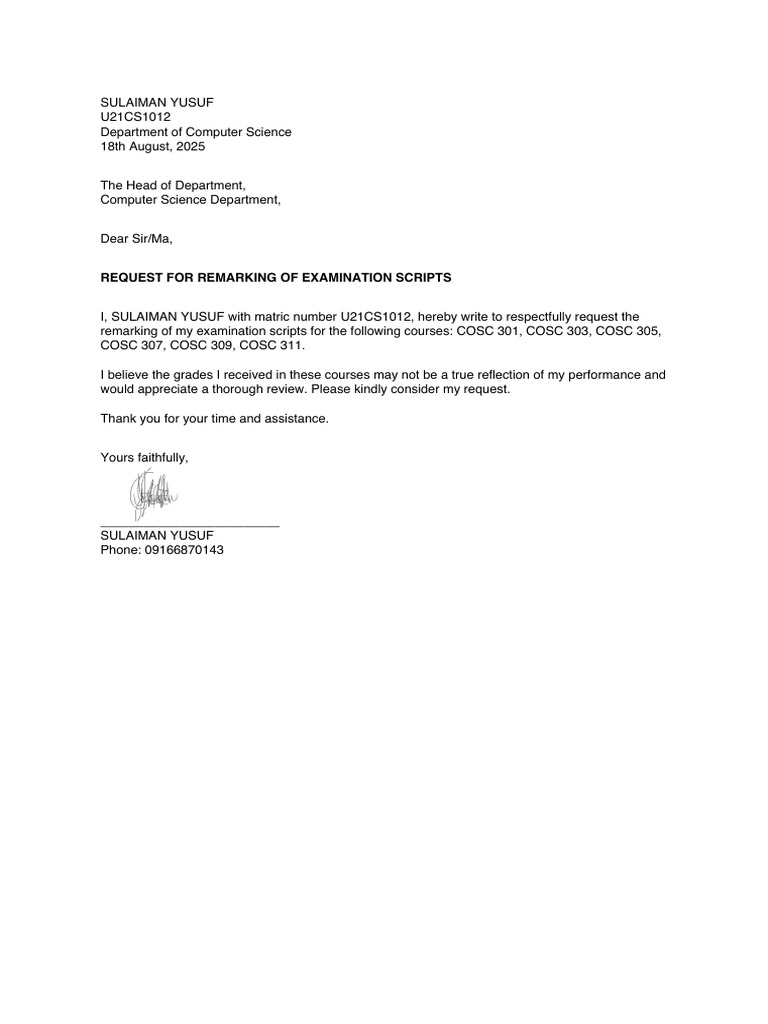 Request for Exam Remarking by Student | PDF