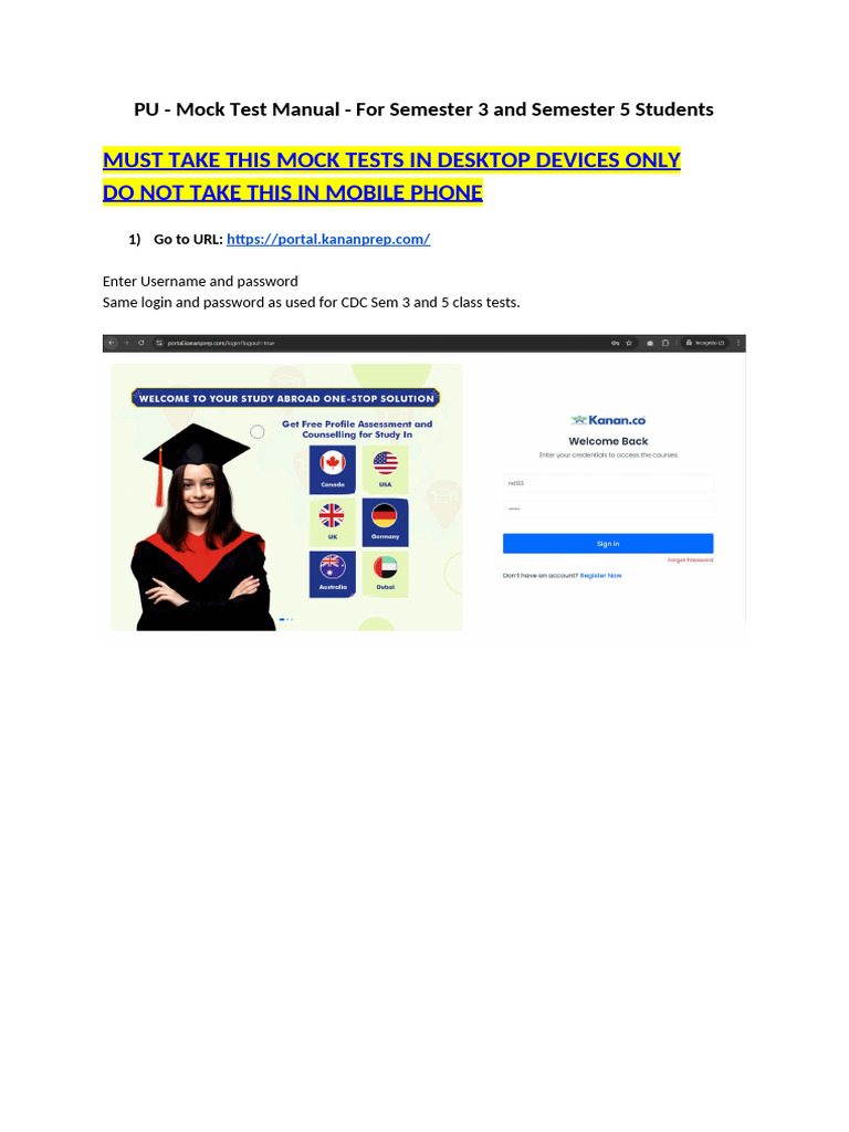 PU Mock Test Instructions for Sem 3 & 5 | PDF