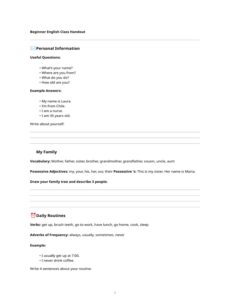 Beginner English Class Handout Guide | PDF | English Language | Adverb