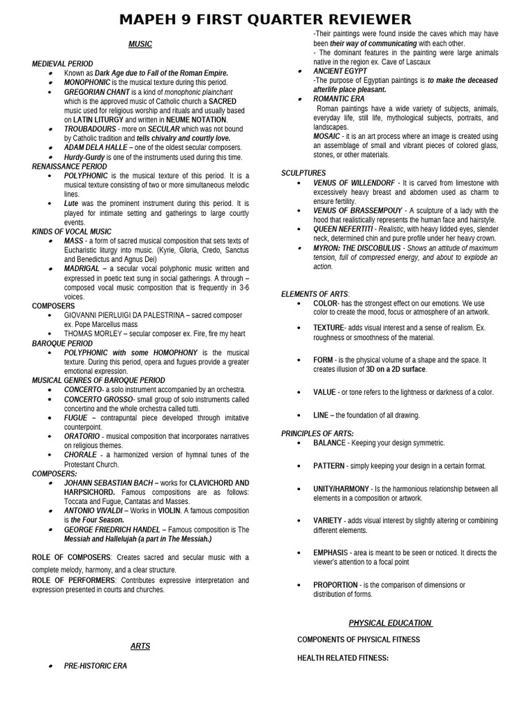 MAPEH 9 First Quarter Review Guide | PDF