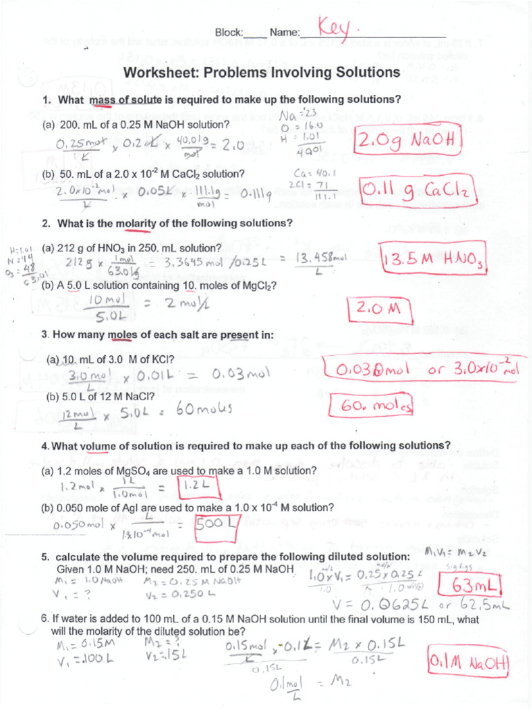 Solutions Worksheet Answer Key | PDF | Chemistry | Chemical Substances