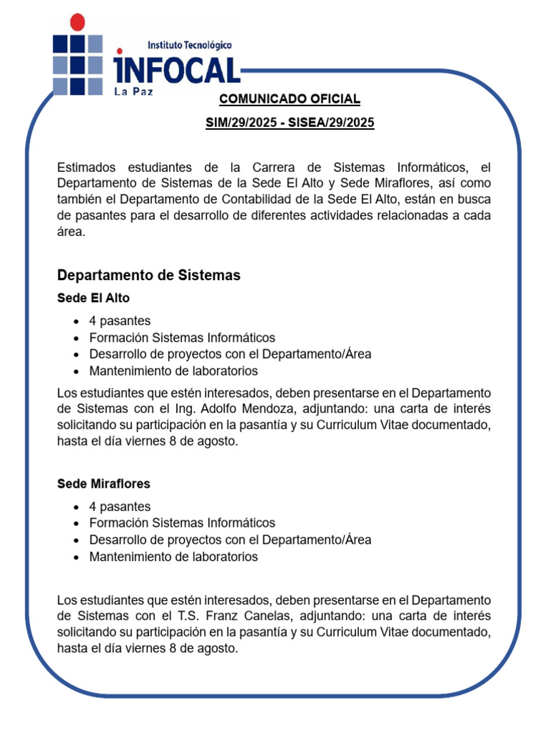 Comunicado 2025 Sisea29 - Sim29 Pasantias Infocal | PDF