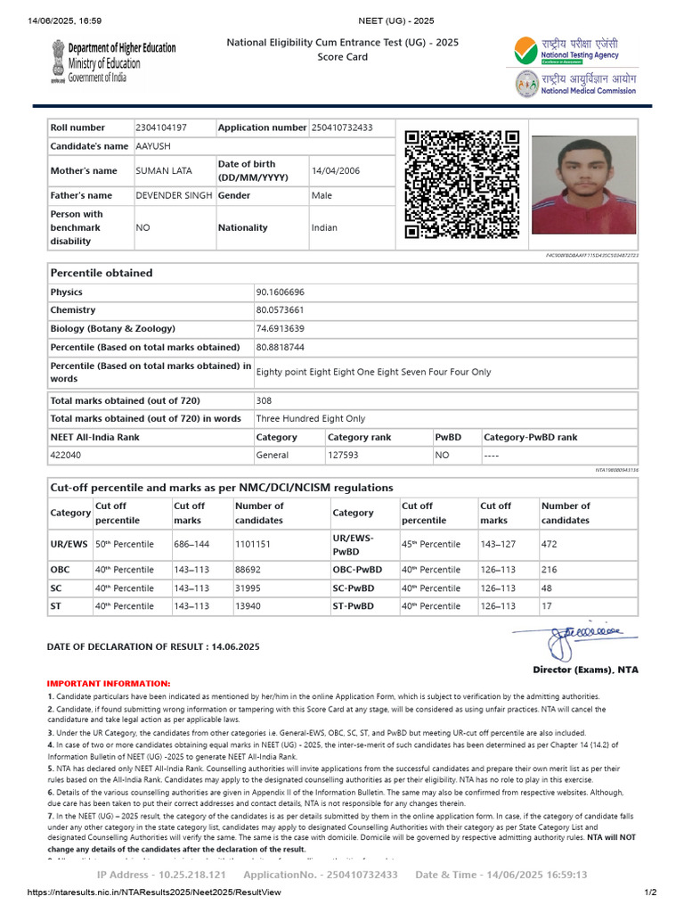 NEET UG 2025 Score Card Details | PDF | Student Assessment And ...