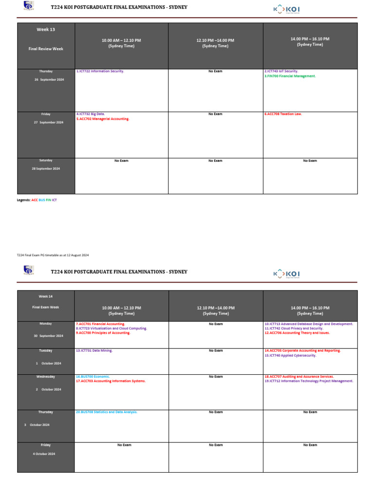 T224 Sydney Postgraduate Exam Schedule | PDF | Accounting | Chess Openings