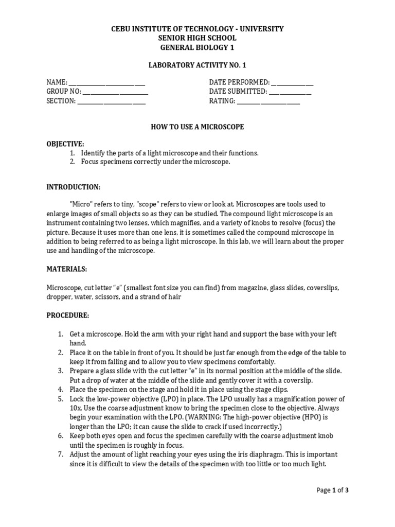 Microscope Usage Lab Activity | PDF | Microscope | Electromagnetic ...